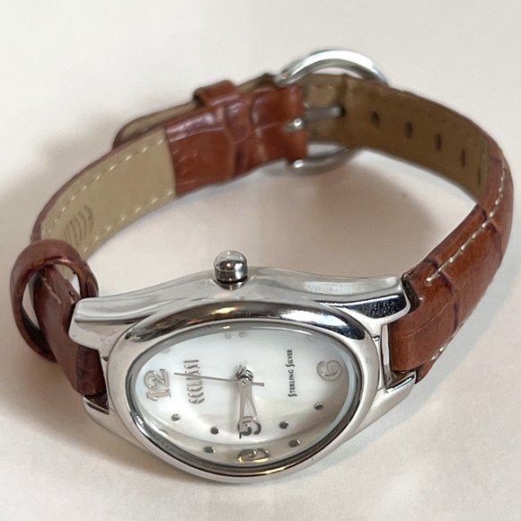 ECCLISSI Sterling Silver MOP Face #22690 Brown Leather Band Wrist Watch - Picture 1 of 8